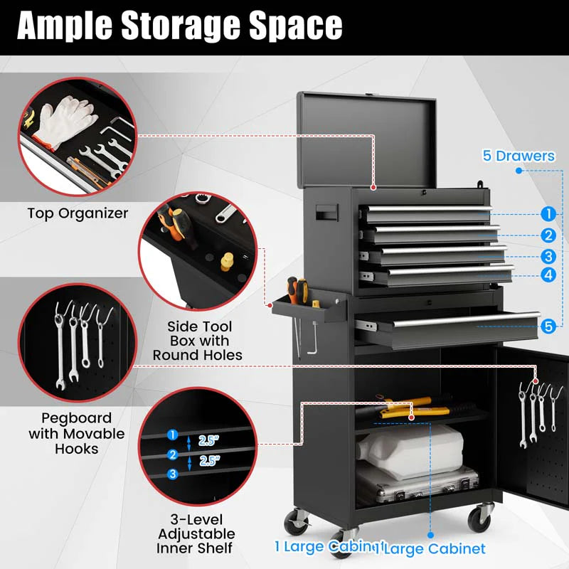 2 - in - 1 Rolling Tool Chest, 5-Drawer Tool Storage Cabinet with Wheels, Adjustable Shelf, Tool Box Organizer for Garage Warehouse Workshop