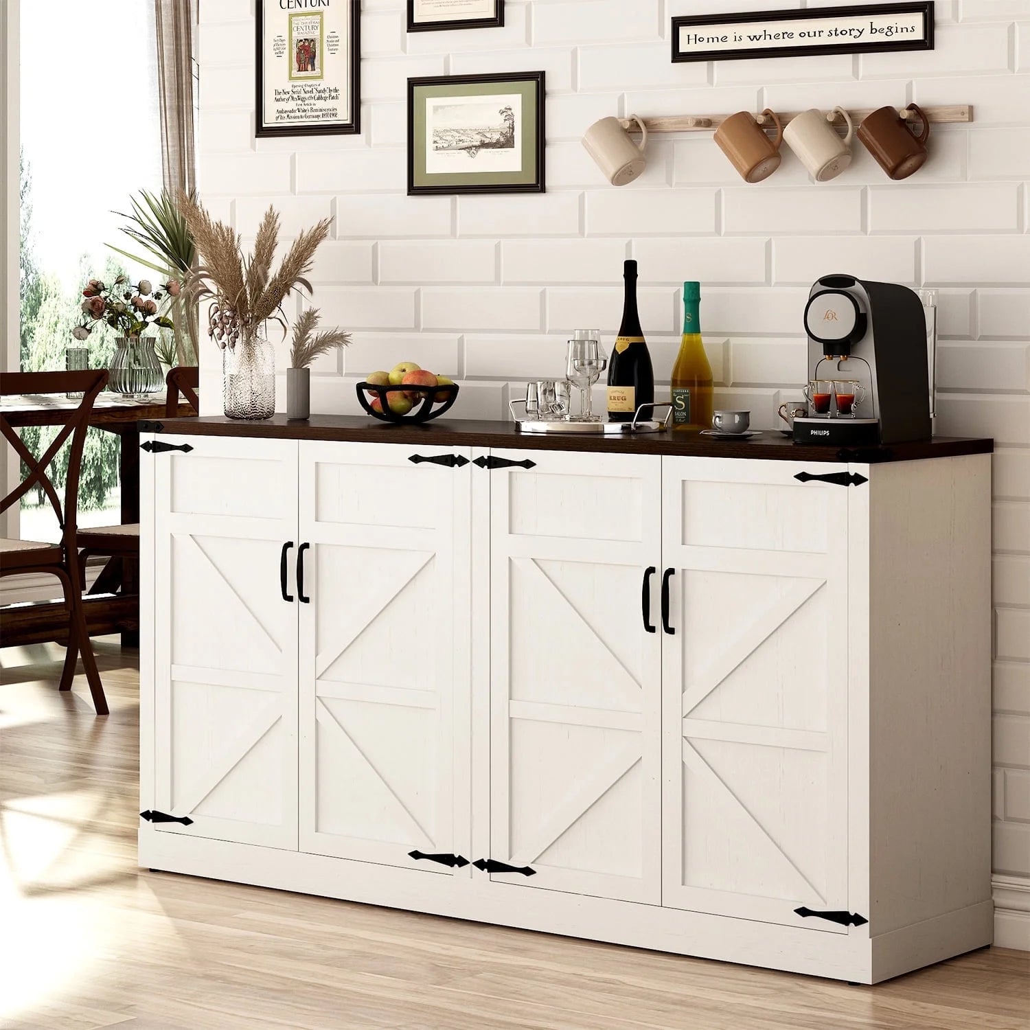 71" Tall Farmhouse Kitchen Pantry Cabinet, 5 Layers Storage Cabinet with Adjustable Shelves, Farmhouse Pantry Cabinet with 4 Barn Doors