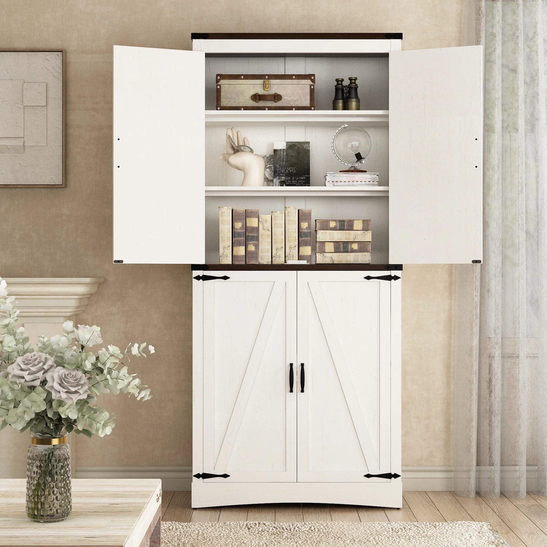 71" Tall Farmhouse Kitchen Pantry Cabinet, 5 Layers Storage Cabinet with Adjustable Shelves, Farmhouse Pantry Cabinet with 4 Barn Doors