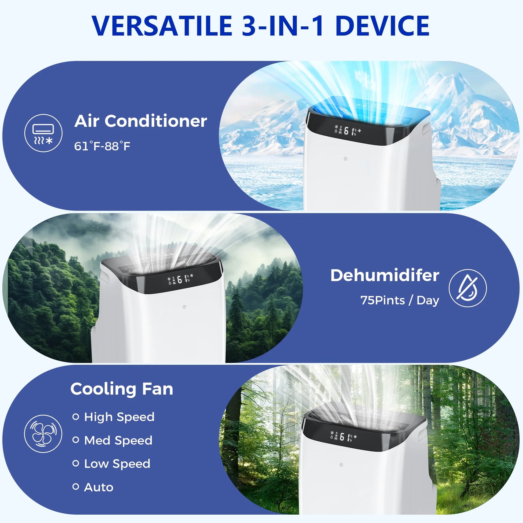 Fosawd 12000 BTU Portable Air Conditioner Cools up to 500 Sq. Ft, 3 - in - 1 AC, Dehumidifier, Fan
