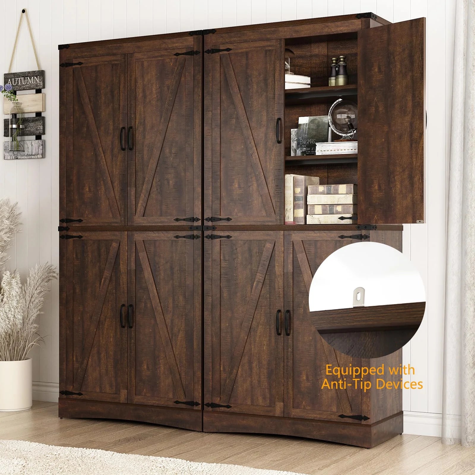 71" Tall Farmhouse Kitchen Pantry Cabinet, 5 Layers Storage Cabinet with Adjustable Shelves, Farmhouse Pantry Cabinet with 4 Barn Doors