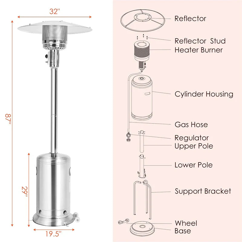 50,000 BTU Propane Patio Heater, Standing Stainless Steel Outdoor Heater with Wheels, Triple Protection, CSA Certified for Deck & Commercial