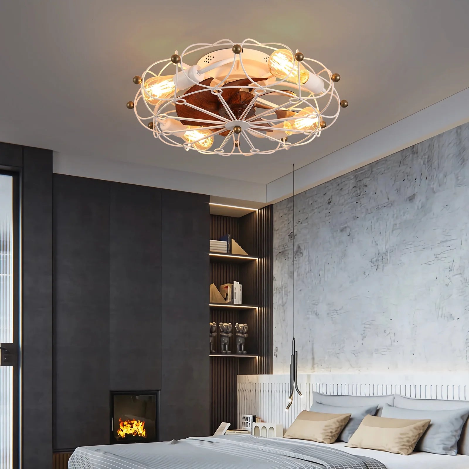 Industrial Cage Ceiling Fan - Low - Profile 7 - Blade Fan with Remote & Light - Modern Rustic Cooling for Small Spaces