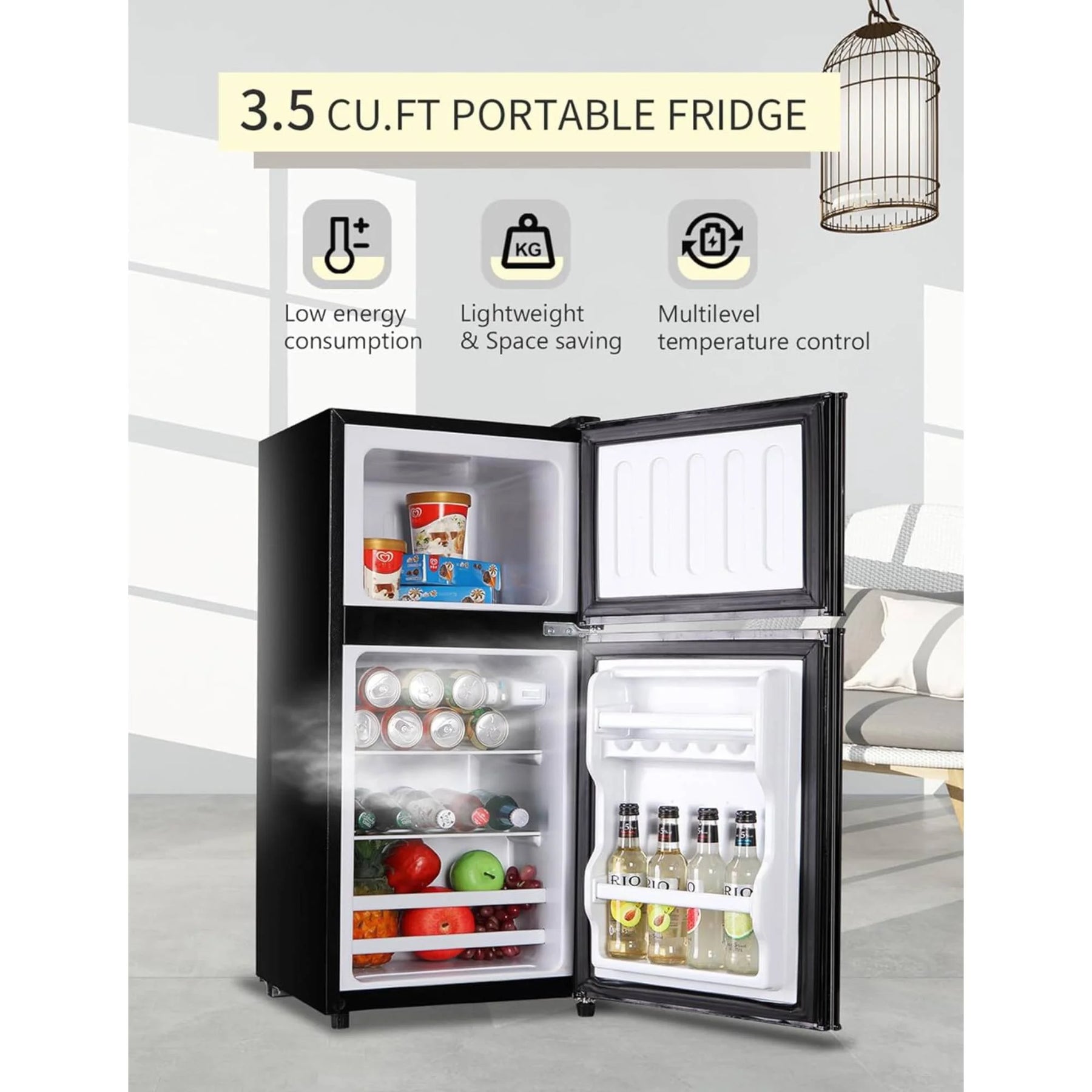 3.5 Cu.ft Mini Fridge Freezer, 2 Door Small Refrigerator, 7 Level Adjustable Thermostat Freezer Fridge for Living Room, Kitchen and Apartment, Sivelr