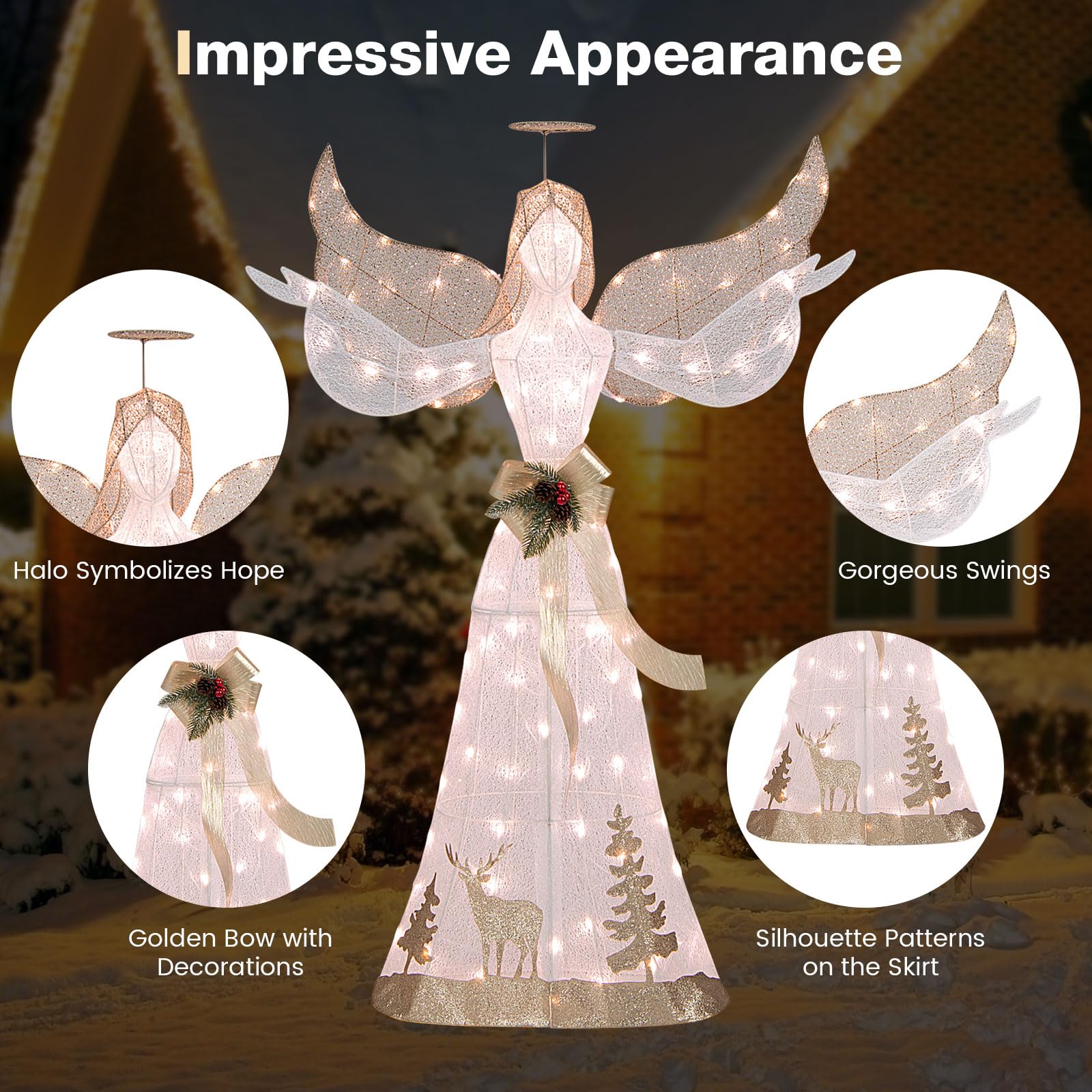 Tangkula 5 FT Lighted Christmas Angel, Outdoor Pre - lit 3D Glittered Angel with 100 Warm White Lights