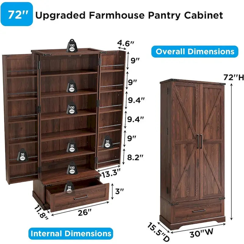 72 - Inch Tall Farmhouse Kitchen Pantry Cabinet - Stylish Storage Cupboard