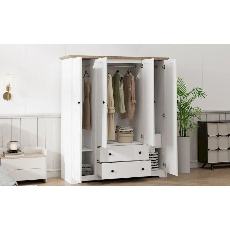 Freestanding 4 - Door Wardrobe Armoire with 2 Drawers and Hanging Rods for Clothes Storage
