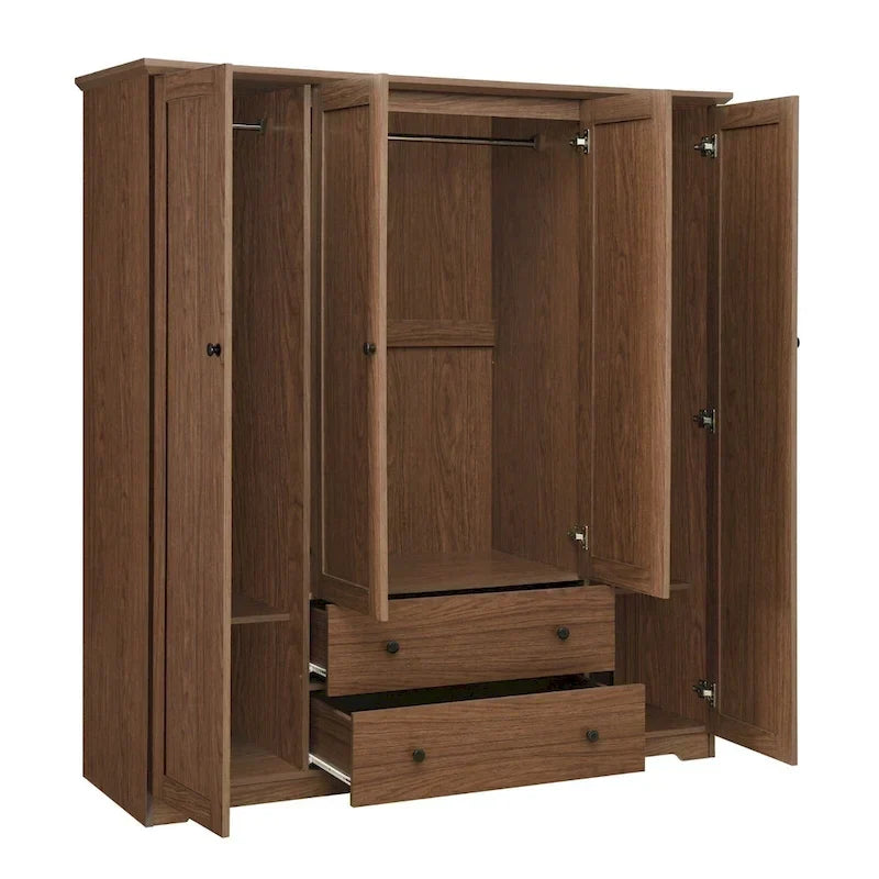 Freestanding 4 - Door Wardrobe Armoire with 2 Drawers and Hanging Rods for Clothes Storage