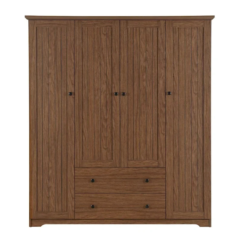 Freestanding 4 - Door Wardrobe Armoire with 2 Drawers and Hanging Rods for Clothes Storage