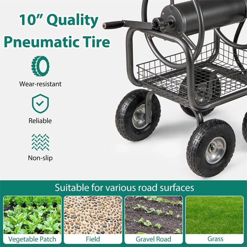 Portable Garden Hose Reel Cart Holds 300FT of 5/8" Large Capacity, Heavy - Duty Metal Hose Cart with 4 Wheels & Storage Basket for Lawn Yard