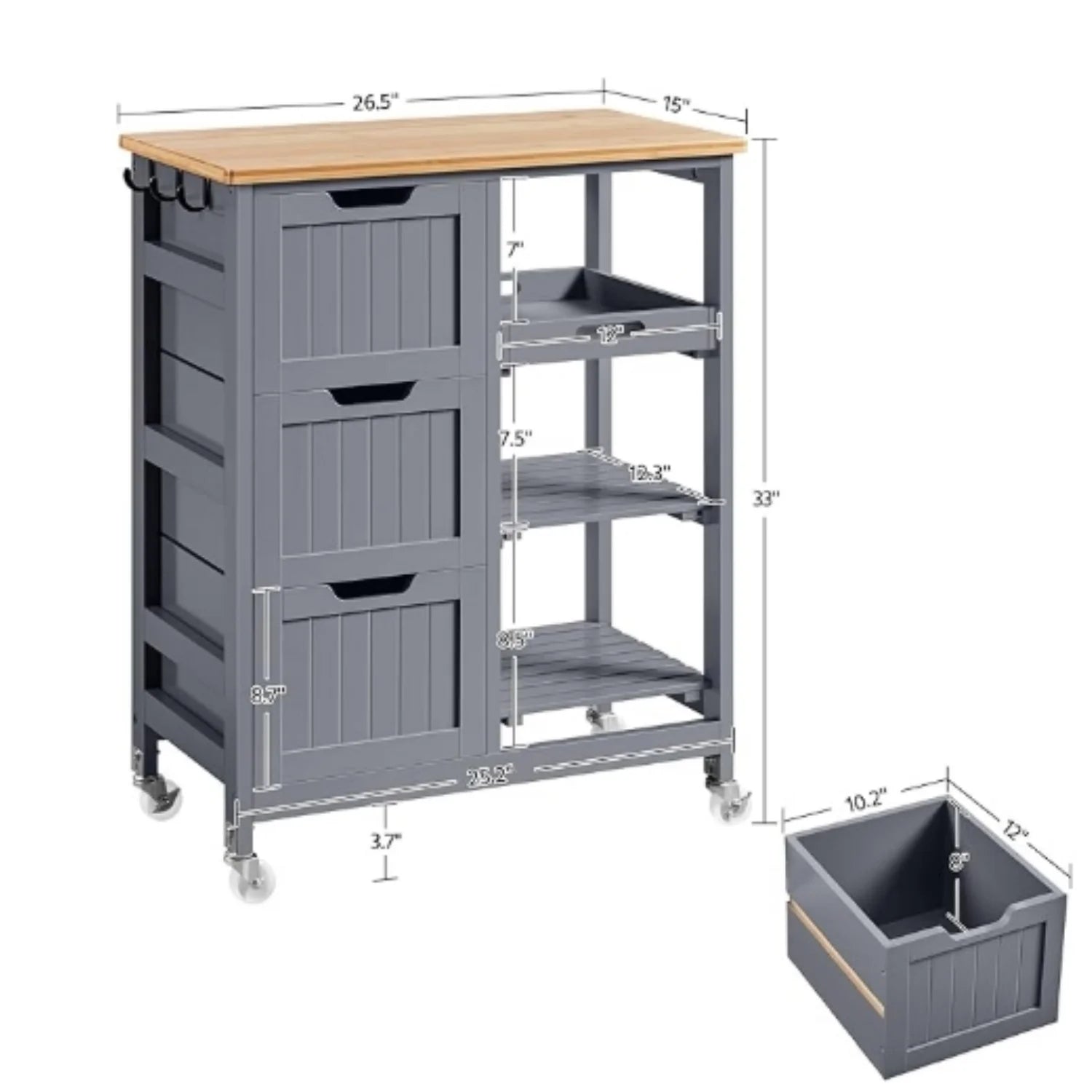 Kitchen Island Cart on Wheels with Storage, Solid Wood Top, 3 Drawers and Removable Shelves, Rolling Utility Cart, Dark Gray