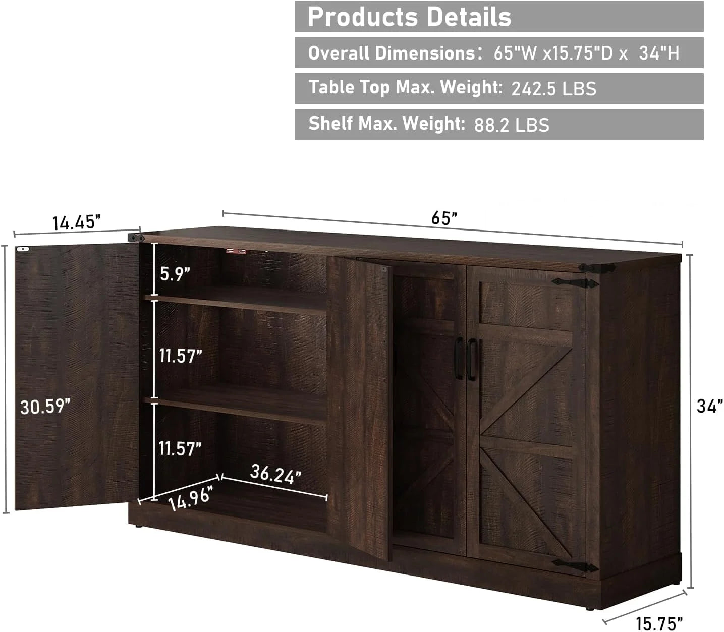 71" Tall Farmhouse Kitchen Pantry Cabinet, 5 Layers Storage Cabinet with Adjustable Shelves, Farmhouse Pantry Cabinet with 4 Barn Doors