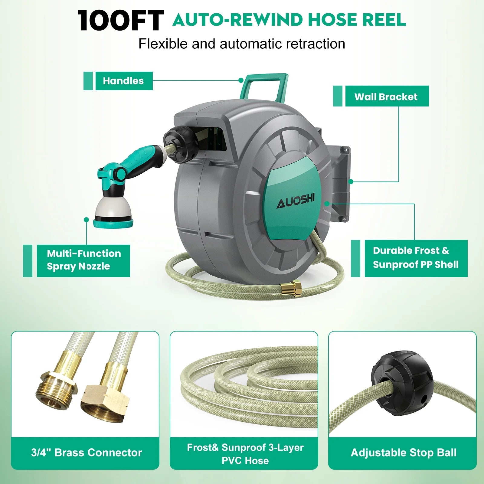 AUOSHI Retractable Garden Hose Reel 1/2" 100ft Automatic Hose Reel with 10 Function Sprayer Nozzle Wall Mount 180 Deg Swivel Bracket Hose Reel