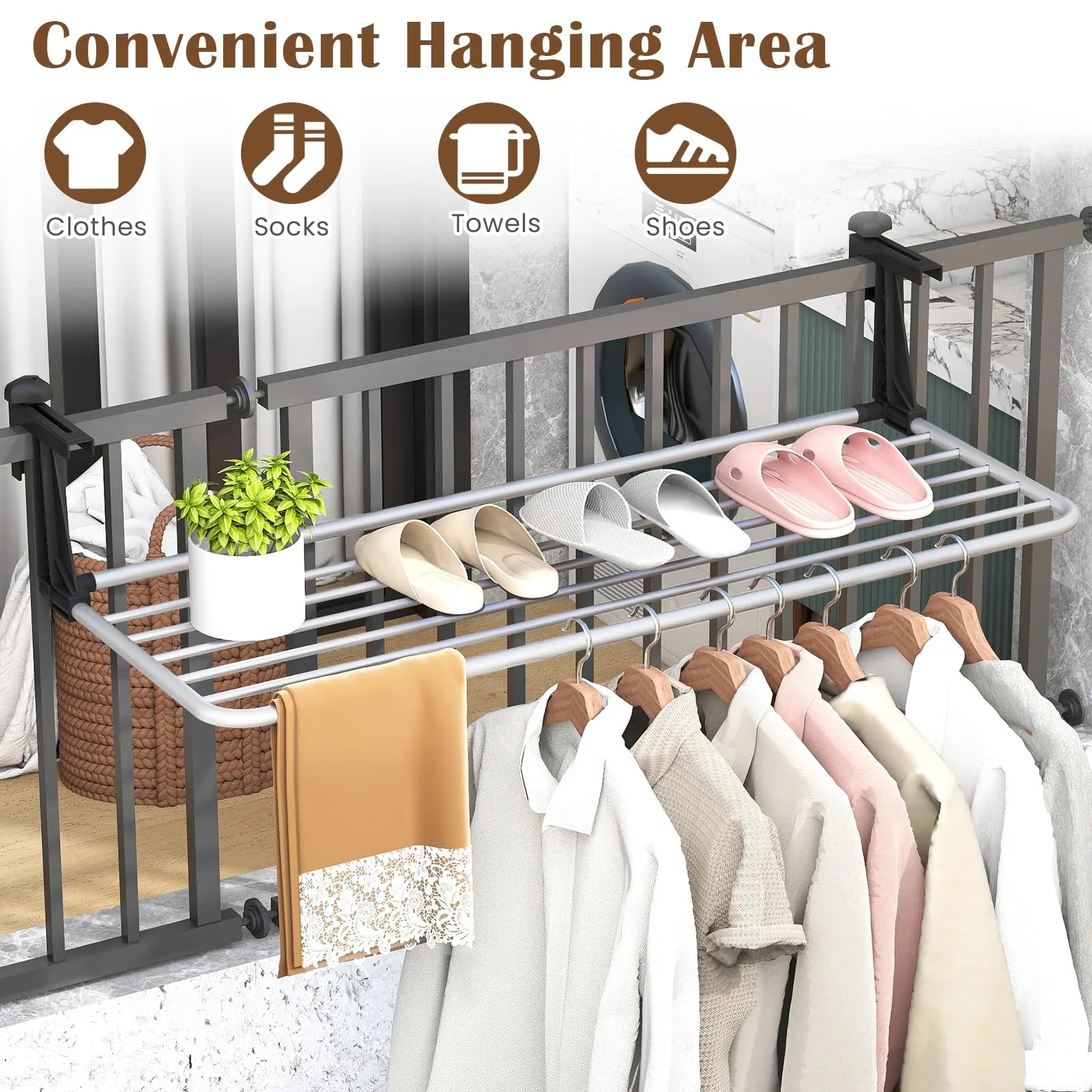 Tangkula Portable Clothes Drying Rack | Extendable Radiator Clothes Airer with Robust Aluminum Frame for Balcony Railings Windowsill