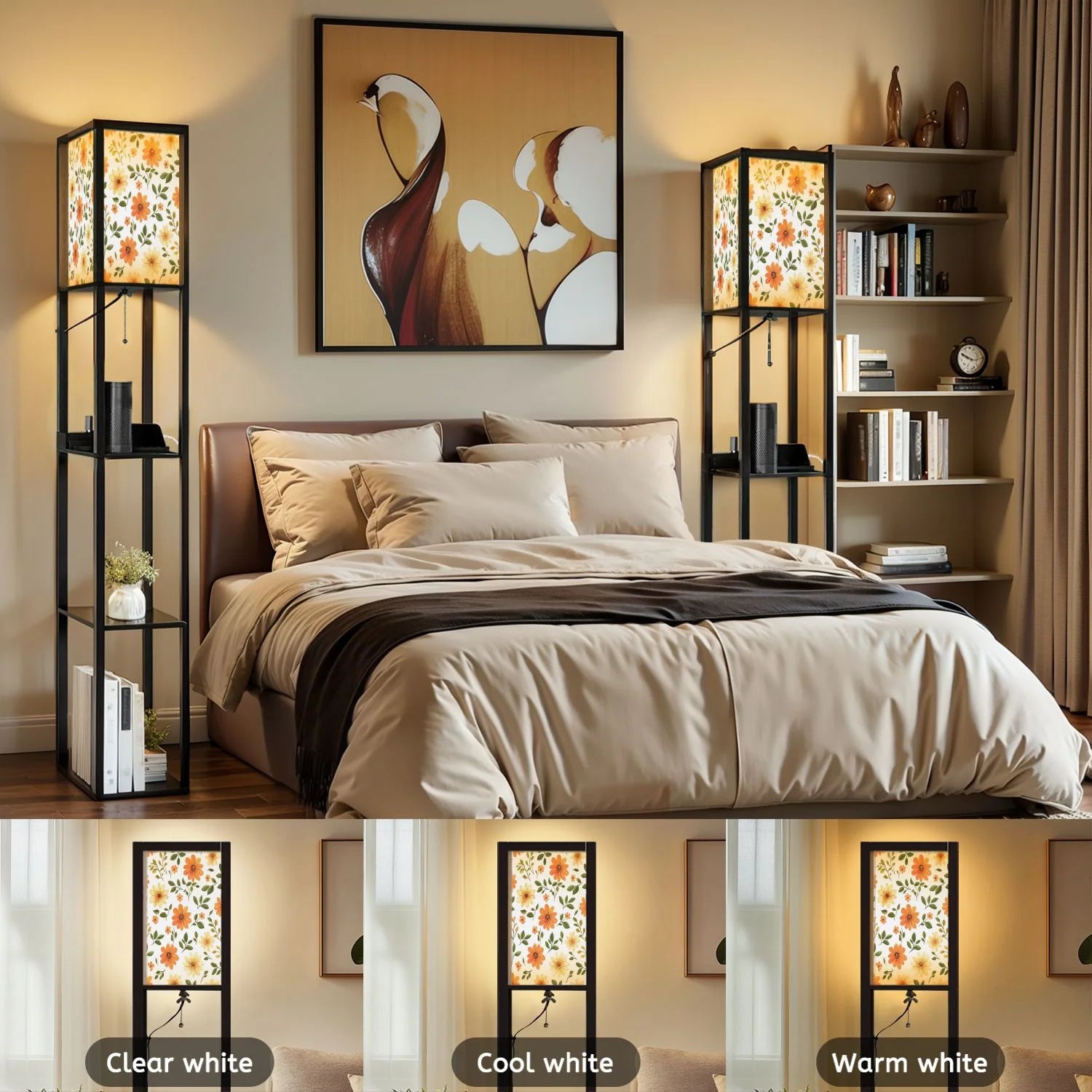 Floor Lamp with Shelves, Modern Dimmable Standing Lamp Floral Corner Display Bookshelf Lamp with 2 USB & 1 Power Outlet for Living Room & Bedroom