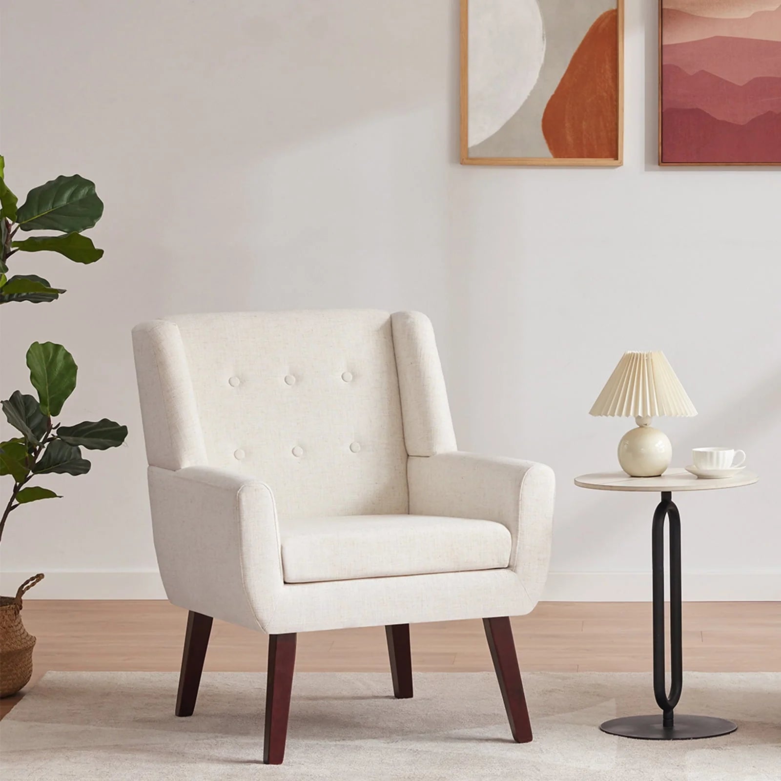 HUIMO Accent Chair, Button Tufted Upholstered Living Room Chairs, Mid Century Modern Comfy Reading Chairs for Bedroom, Living Room, Beige