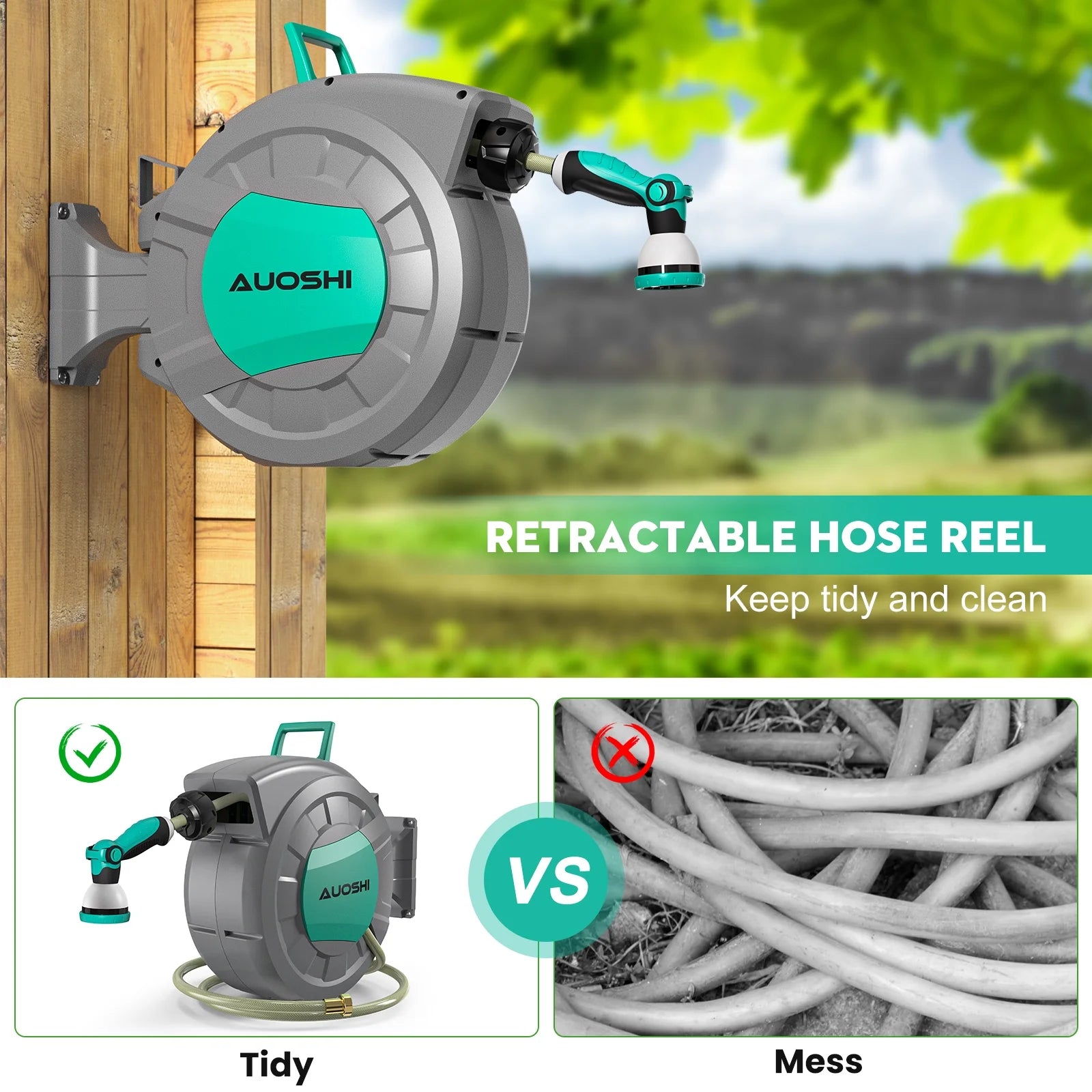 AUOSHI Retractable Garden Hose Reel 1/2" 100ft Automatic Hose Reel with 10 Function Sprayer Nozzle Wall Mount 180 Deg Swivel Bracket Hose Reel