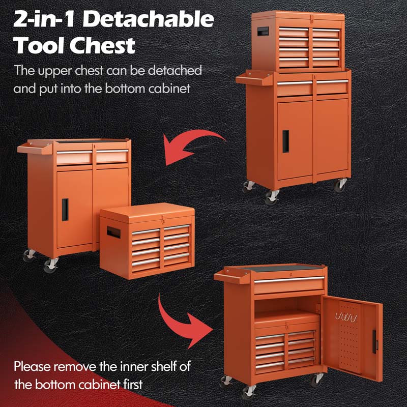 2 - in - 1 Rolling Tool Chest, 5-Drawer Tool Storage Cabinet with Wheels, Adjustable Shelf, Tool Box Organizer for Garage Warehouse Workshop