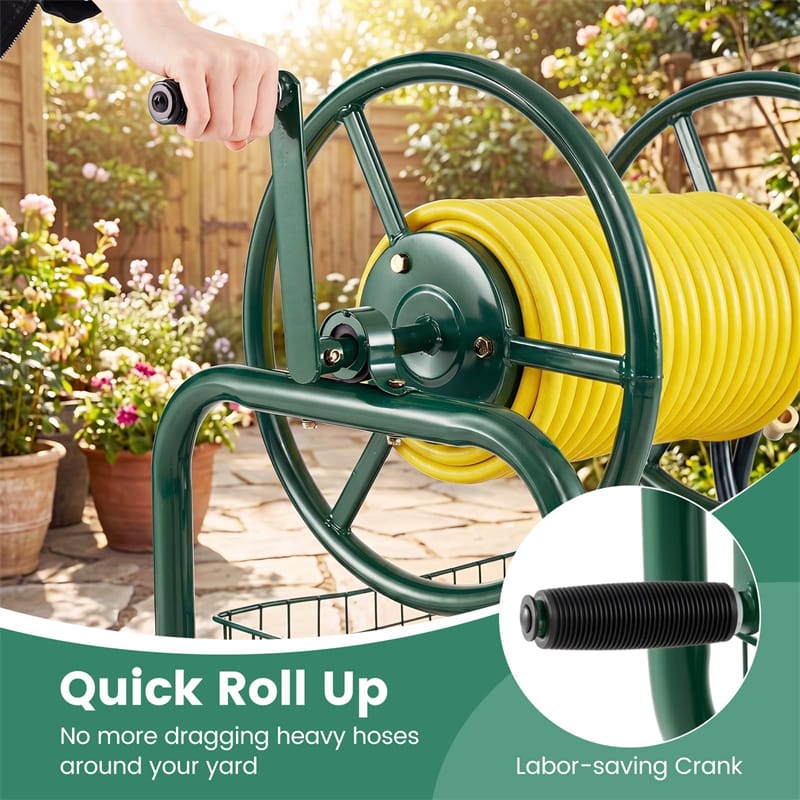 Portable Garden Hose Reel Cart Holds 300FT of 5/8" Large Capacity, Heavy - Duty Metal Hose Cart with 4 Wheels & Storage Basket for Lawn Yard