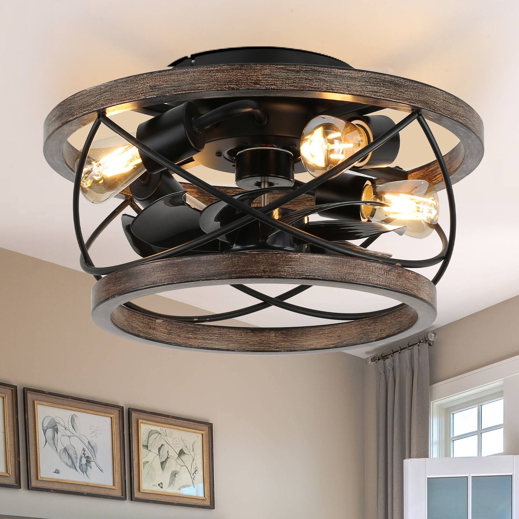 Oaks Aura Farmhouse 5-Light Cage Rustic Wood Chandelier, Adjustable Industrial Pendant Ceiling Light for Kitchen Dining Room
