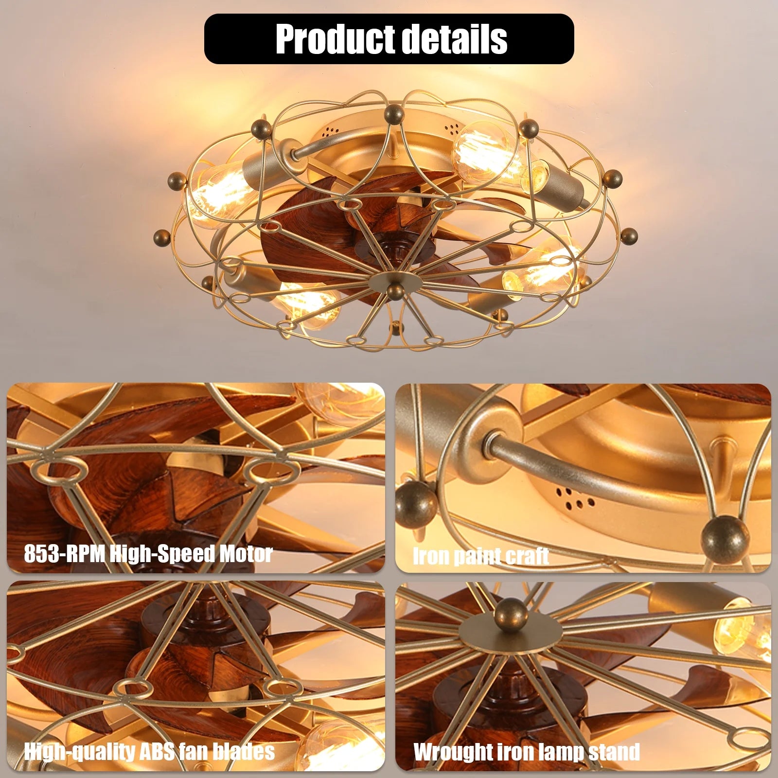 Industrial Cage Ceiling Fan - Low - Profile 7 - Blade Fan with Remote & Light - Modern Rustic Cooling for Small Spaces