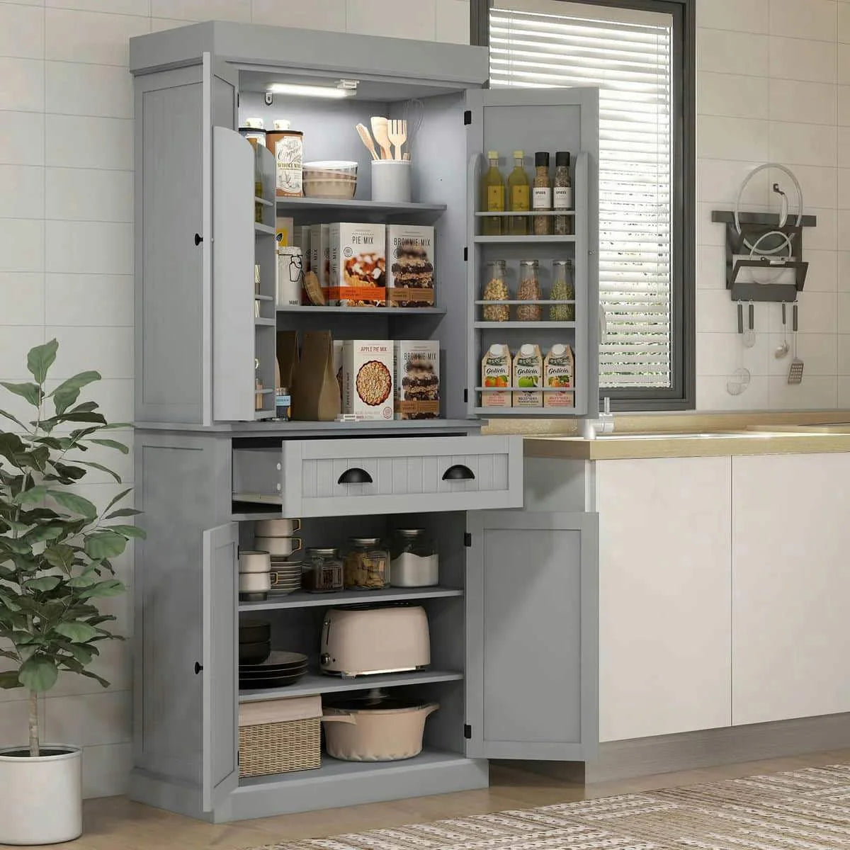 Spaco 17-Tier Kitchen Small Pantry Cabinet with 2 Doors and 6 Adjustable Shelves, Cabinet Pantry, Freestanding 5-Tier Shelving Pantries