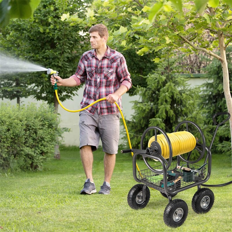 Portable Garden Hose Reel Cart Holds 300FT of 5/8" Large Capacity, Heavy - Duty Metal Hose Cart with 4 Wheels & Storage Basket for Lawn Yard