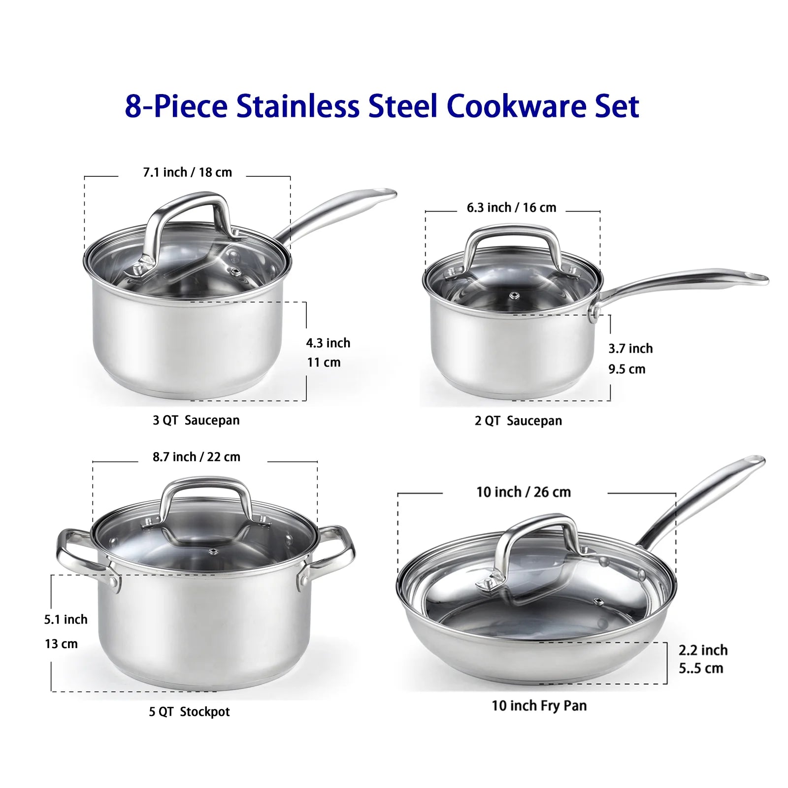 Cook N Home Pots and Pans Stainless Steel, 8-Piece Induction Pot Kitchen Cookware Set, Silver, Oven Safe
