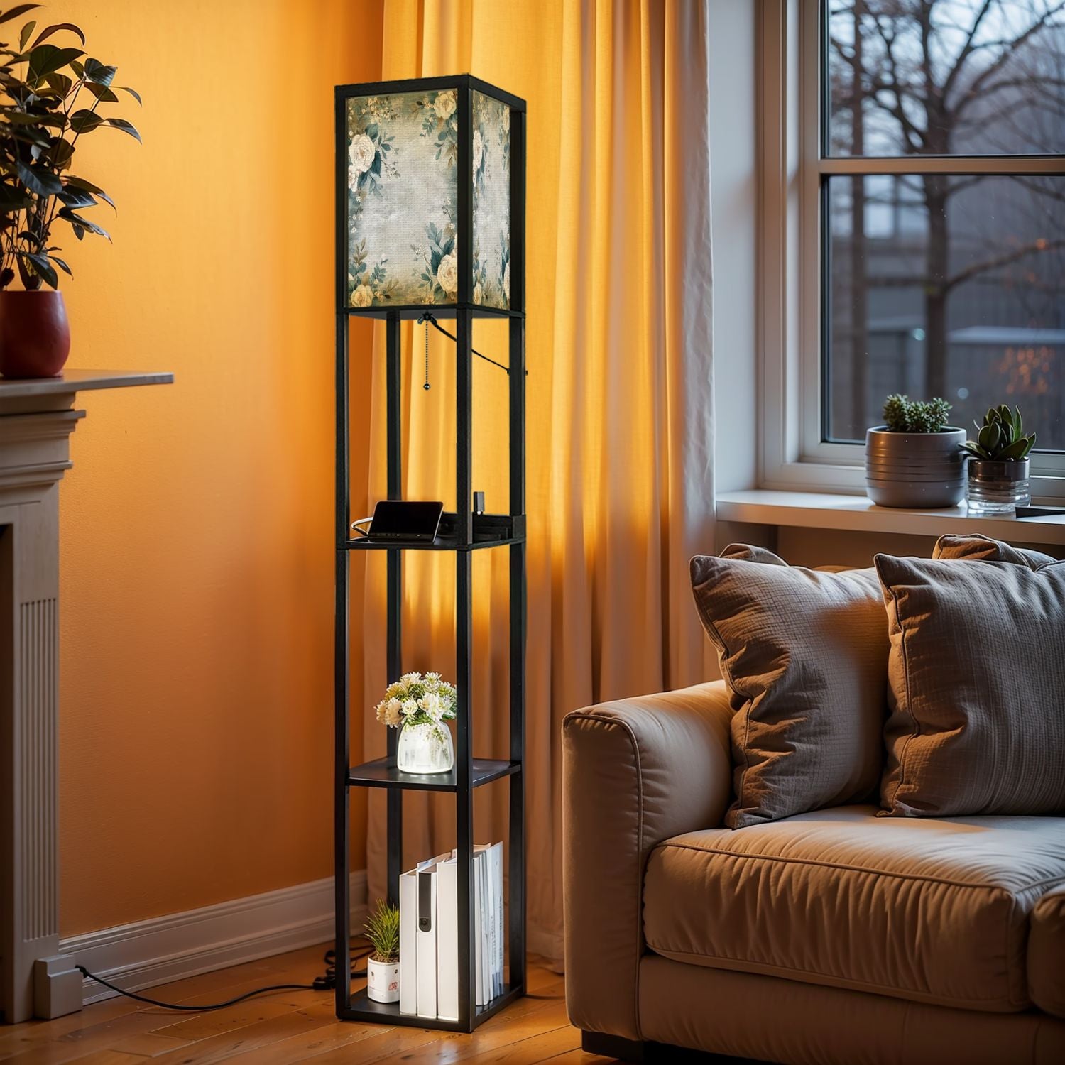 Floor Lamp with Shelves, Modern Dimmable Standing Lamp Floral Corner Display Bookshelf Lamp with 2 USB & 1 Power Outlet for Living Room & Bedroom