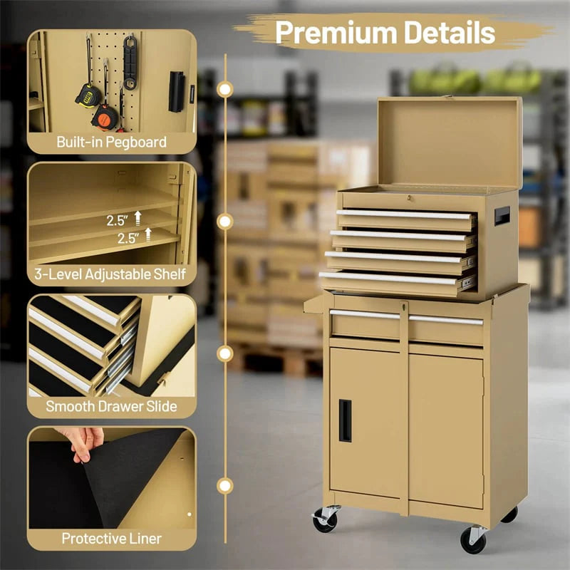 2 - in - 1 Rolling Tool Chest, 5-Drawer Tool Storage Cabinet with Wheels, Adjustable Shelf, Tool Box Organizer for Garage Warehouse Workshop