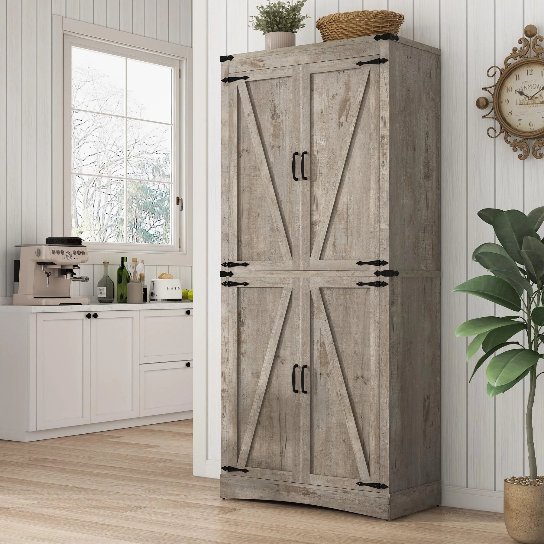 71" Tall Farmhouse Kitchen Pantry Cabinet, 5 Layers Storage Cabinet with Adjustable Shelves, Farmhouse Pantry Cabinet with 4 Barn Doors