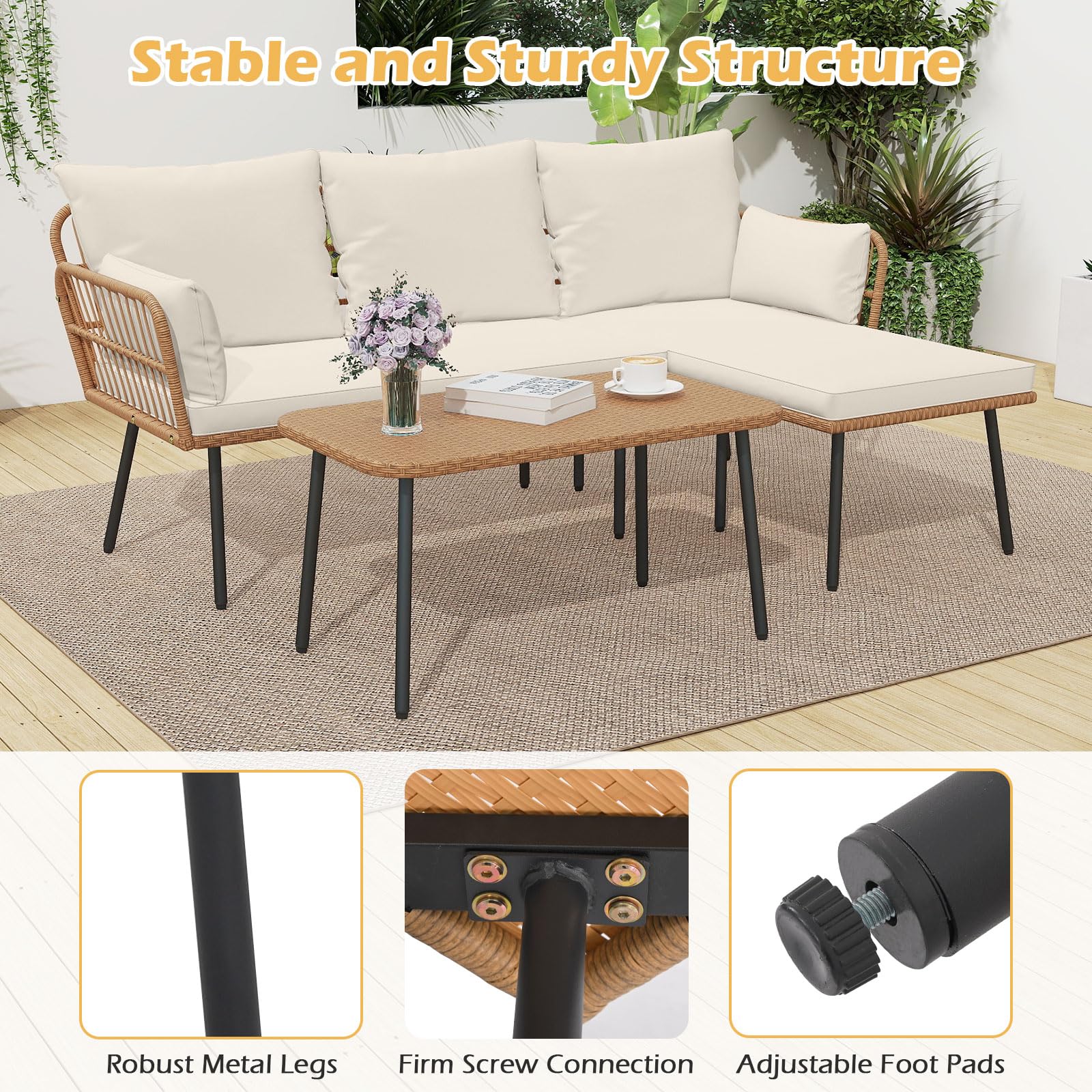 Tangkula 3 Pieces L-Shaped Patio Furniture Set for Backyard Porch Balcony