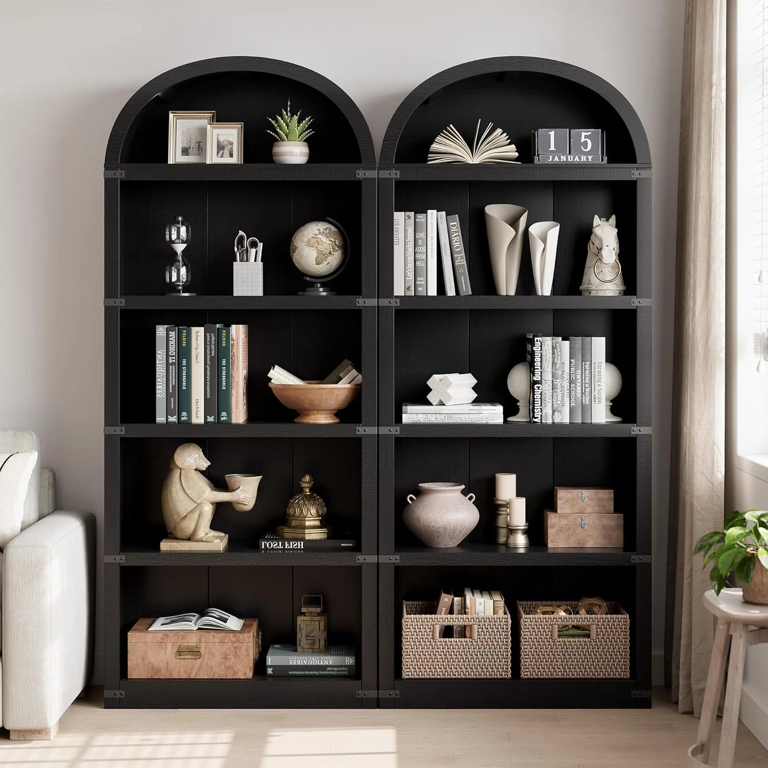 Bookcase 5 Shelf Arched Bookshelf 71.65in Tall Bookcase Farmhouse Display Storage Rack Wooden Bookshelves for Home Office, Living Room(White)