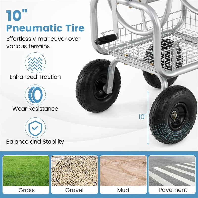 Portable Garden Hose Reel Cart Holds 300FT of 5/8" Large Capacity, Heavy - Duty Metal Hose Cart with 4 Wheels & Storage Basket for Lawn Yard