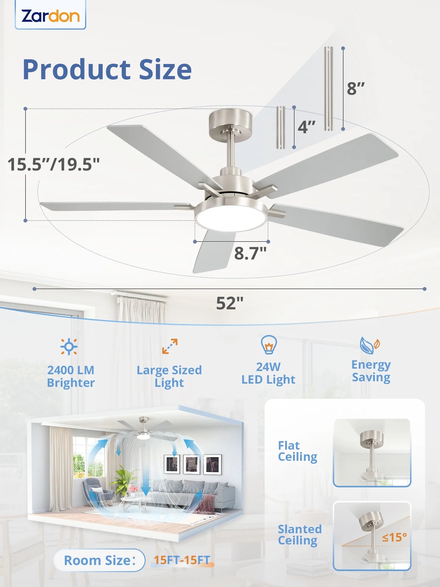 Zardon 52 in Black Ceiling Fan with LED Light and Remote, Downrod 6-Speed and Quiet Reversible DC Motor for Bedroom, Living Room, Indoor
