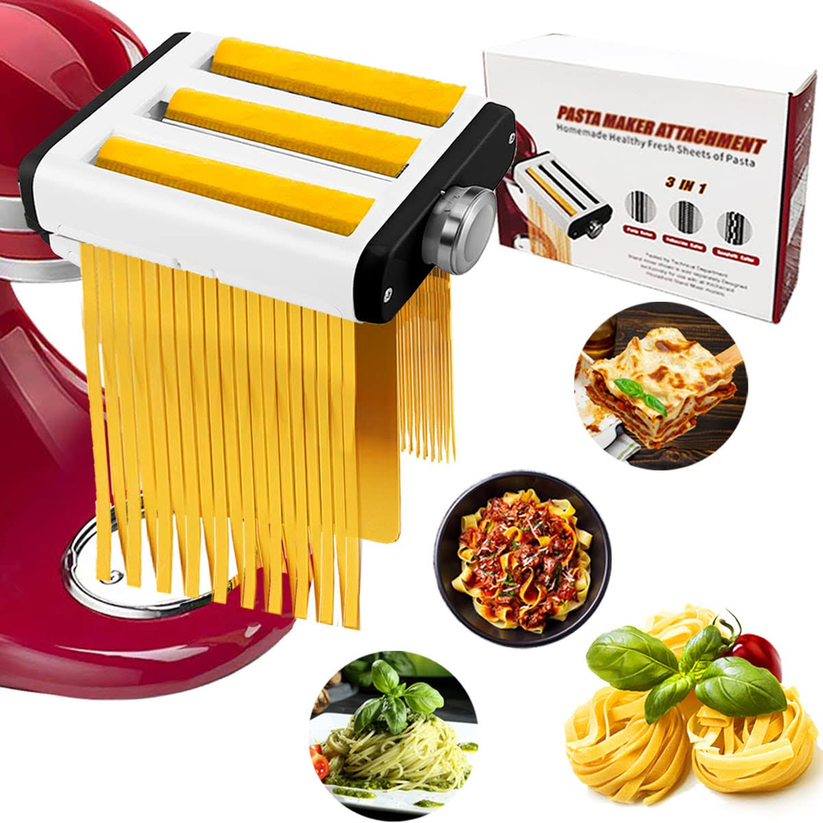Pasta Maker Attachment for All KitchenAid Mixers, Noodle Ravioli Kitchen Aid Mixer Accessories 3 in 1 Including Dough Roller Spaghetti Cutter