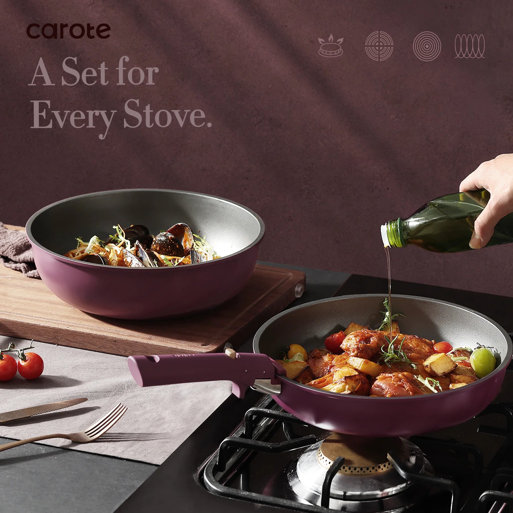 Carote 20 Pcs Nonstick Cookware Sets, Pots and Pans Set with Detachable Handles, Oven Safe, Induction Cookware, Stackable Kitchen Cooking Set, Ultra