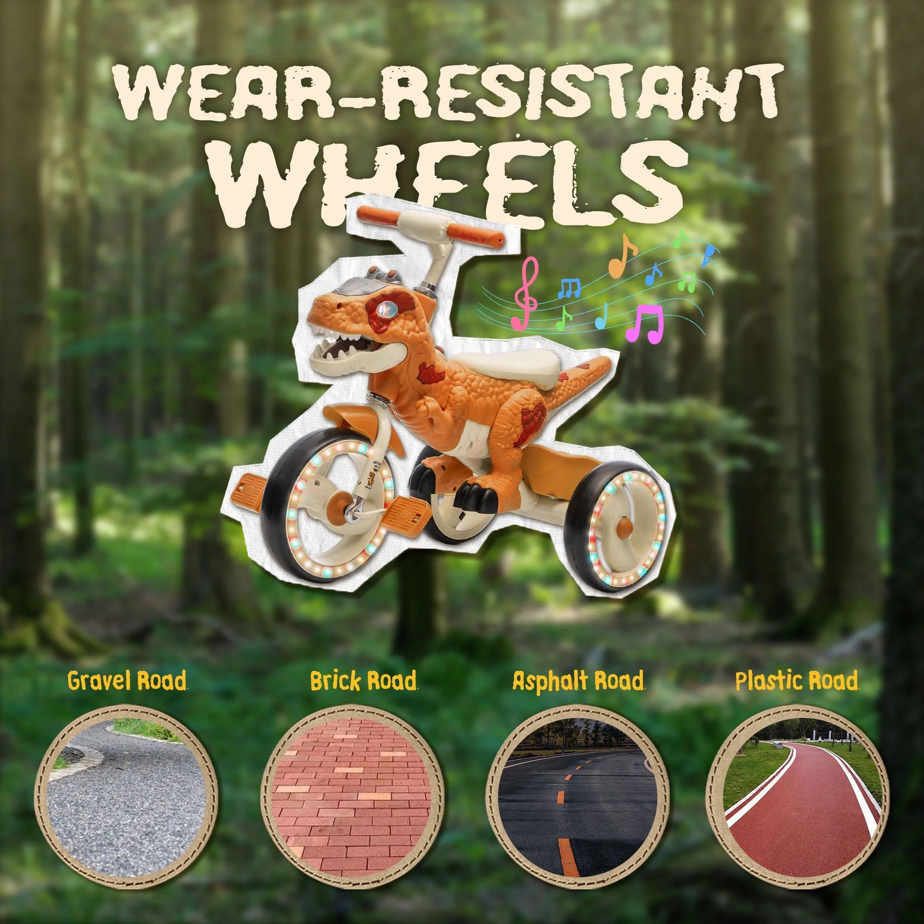 Xuanlur Kids Ride on Dinosaur Tricycle, Toddlers Kid Trike with Wide Flash Wheels, Anti - Slip Pedals, Rear Basket, Music & LED Lights, Toddler Bike