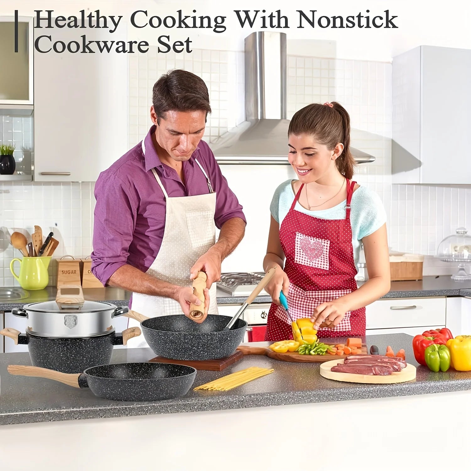 Non - Stick 12 POTS and Pans Set, Cookware Set, Including Frying Pan, Steamer, Silicone Spatula and Tongs - Granite Cooking Set (Black)