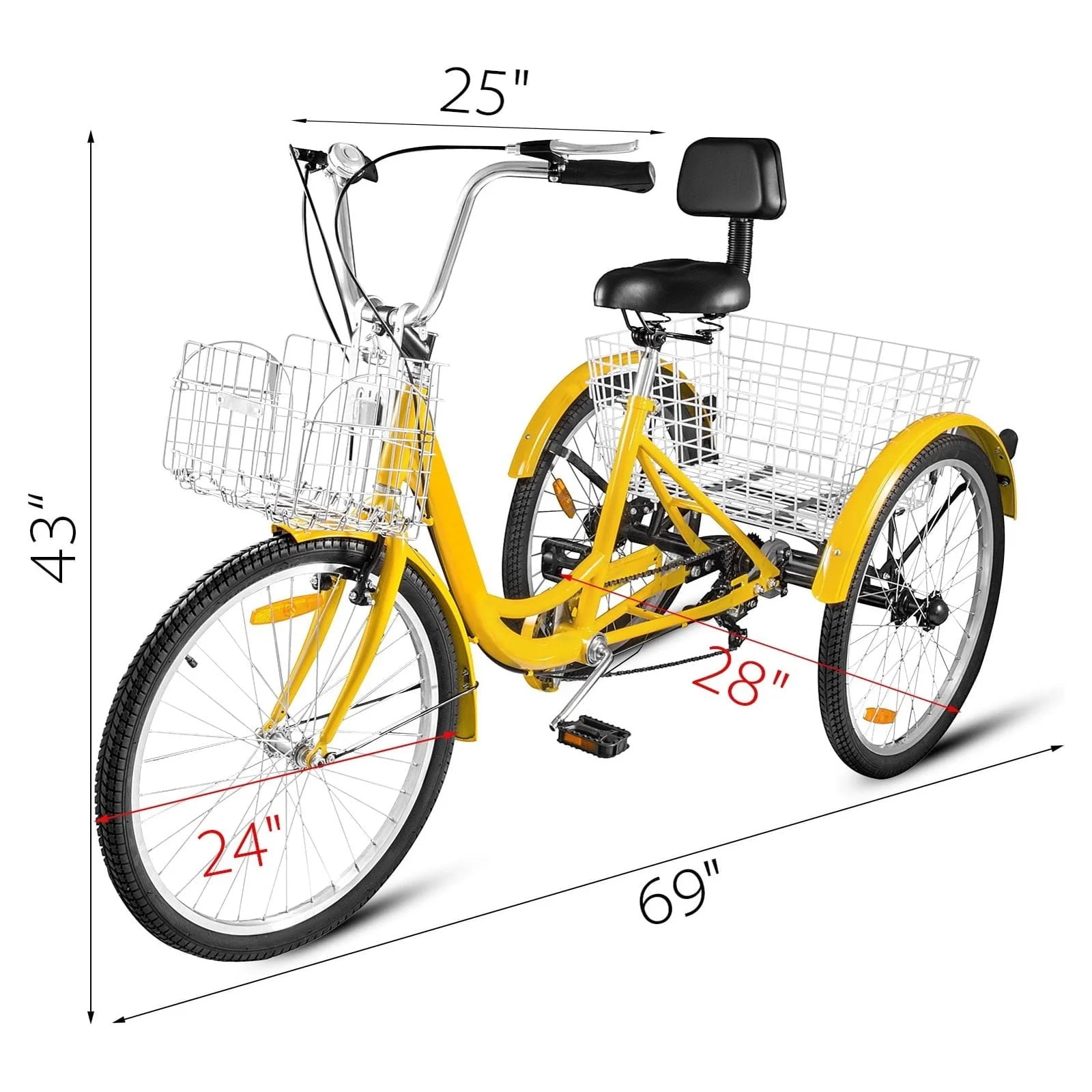 VEVOR 24"adult Tricycle 7 - Speed Three Wheel Bike Cruise Bike, Seat Adjustable Trike with Bell, Brake System and Basket Cruiser Bicycles Size for Shopping