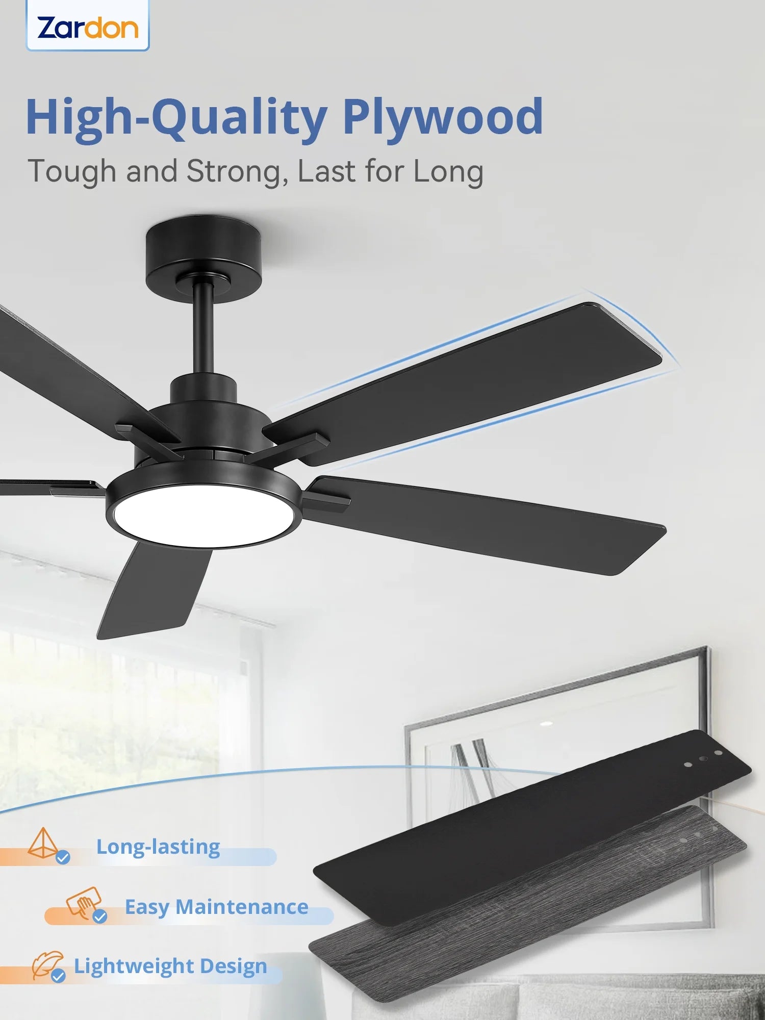 Zardon 52 in Black Ceiling Fan with LED Light and Remote, Downrod 6-Speed and Quiet Reversible DC Motor for Bedroom, Living Room, Indoor