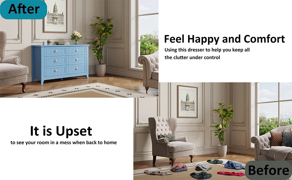 6 Drawer Dresser, Light Blue Elegant Chest of Drawers, Large Cabinet with Storage, Rustic Wood Chest of Drawers for Bedroom, Living Room, Hallway