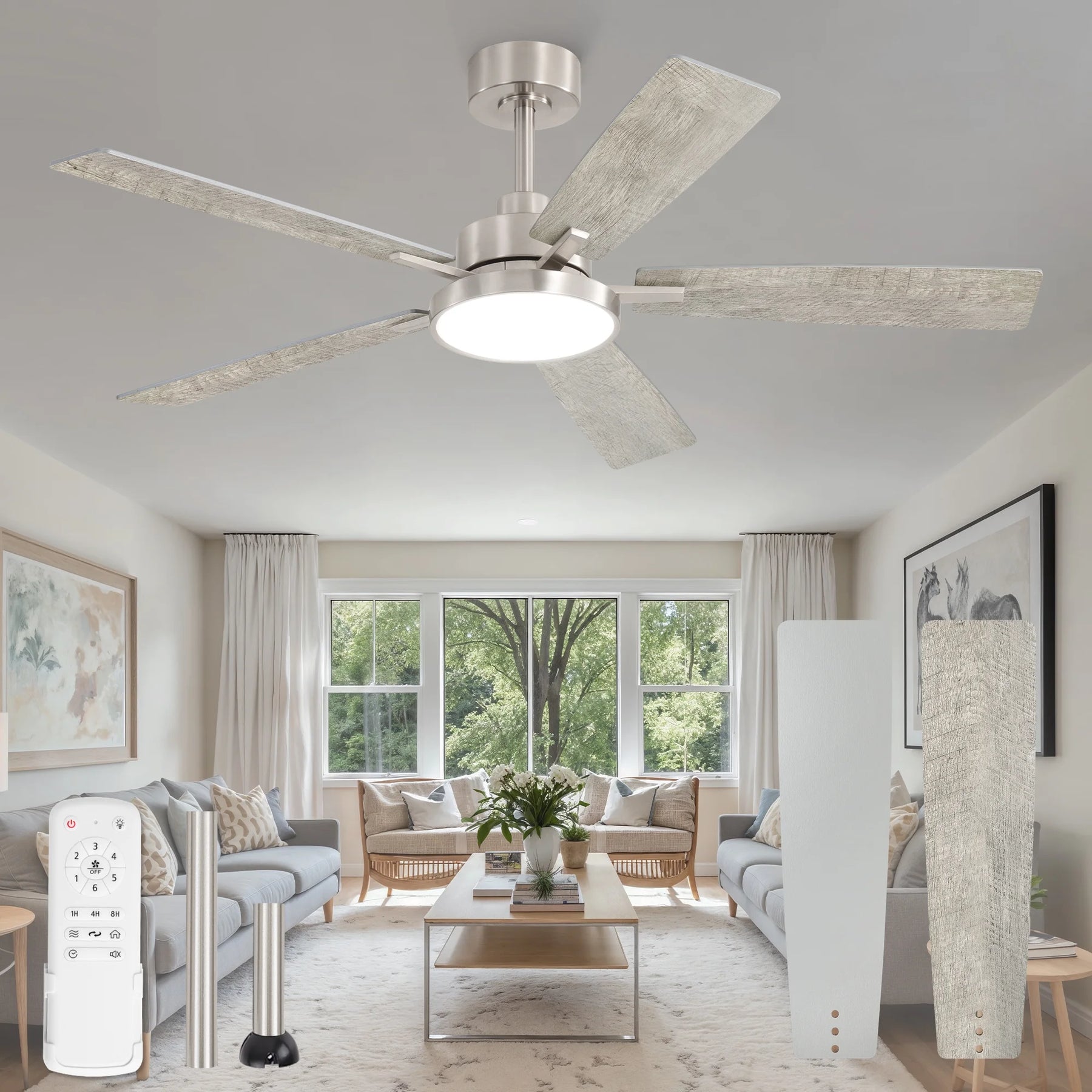 Zardon 52 in Black Ceiling Fan with LED Light and Remote, Downrod 6-Speed and Quiet Reversible DC Motor for Bedroom, Living Room, Indoor