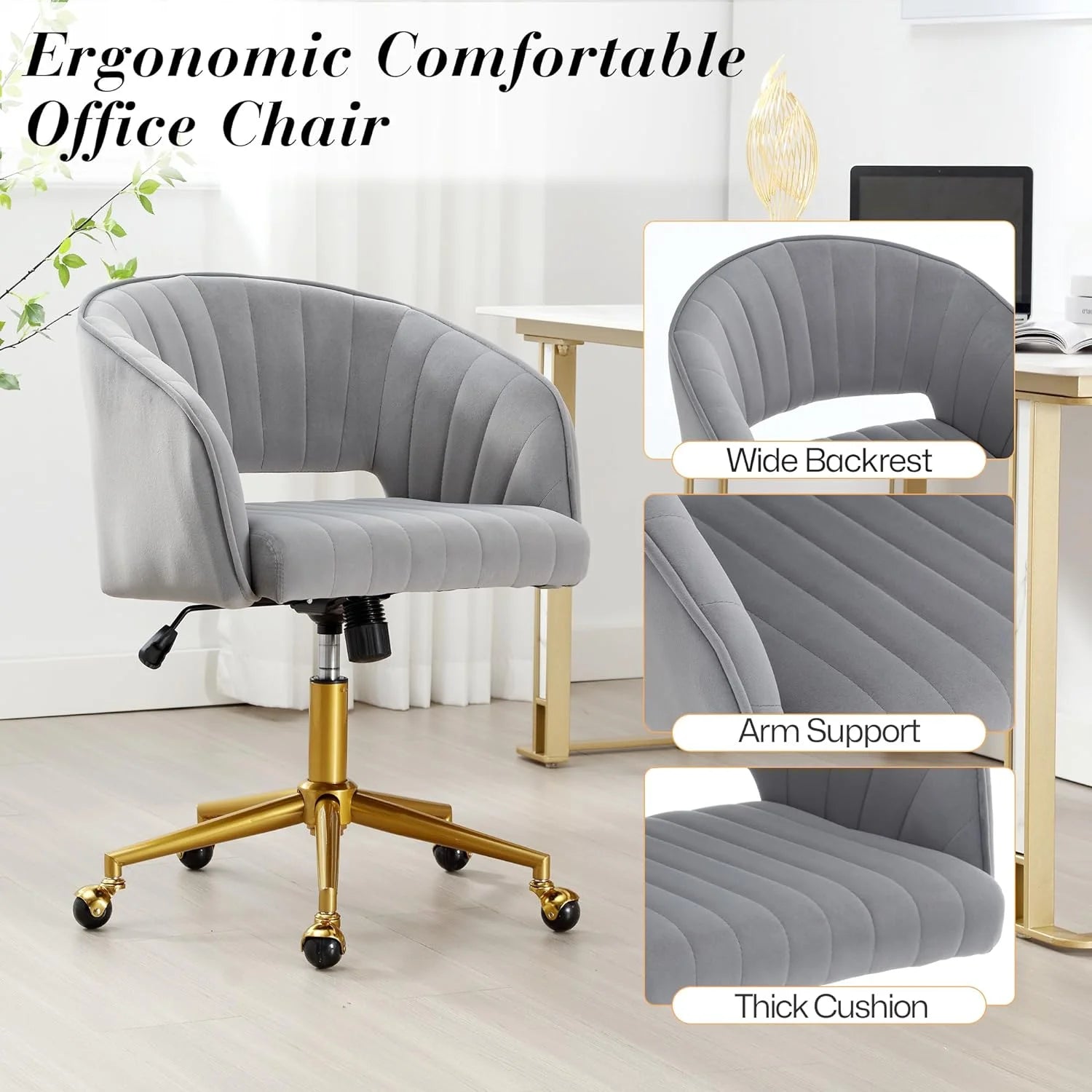 Home Office Swivel Desk Chair, Modern Velvet Vanity Chair, Height Adjustable Armchair with Gold Base, Ergonomic Office Chair for Task Study Computer Room, Beige