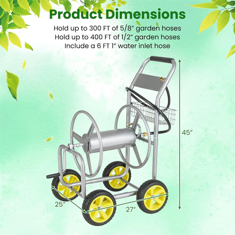 Heavy Duty Metal Garden Hose Reel Cart Holds 300FT of 5/8" Hose with 4 Wheels & Storage Basket, Portable Water Hose Organizer for Yard Lawn