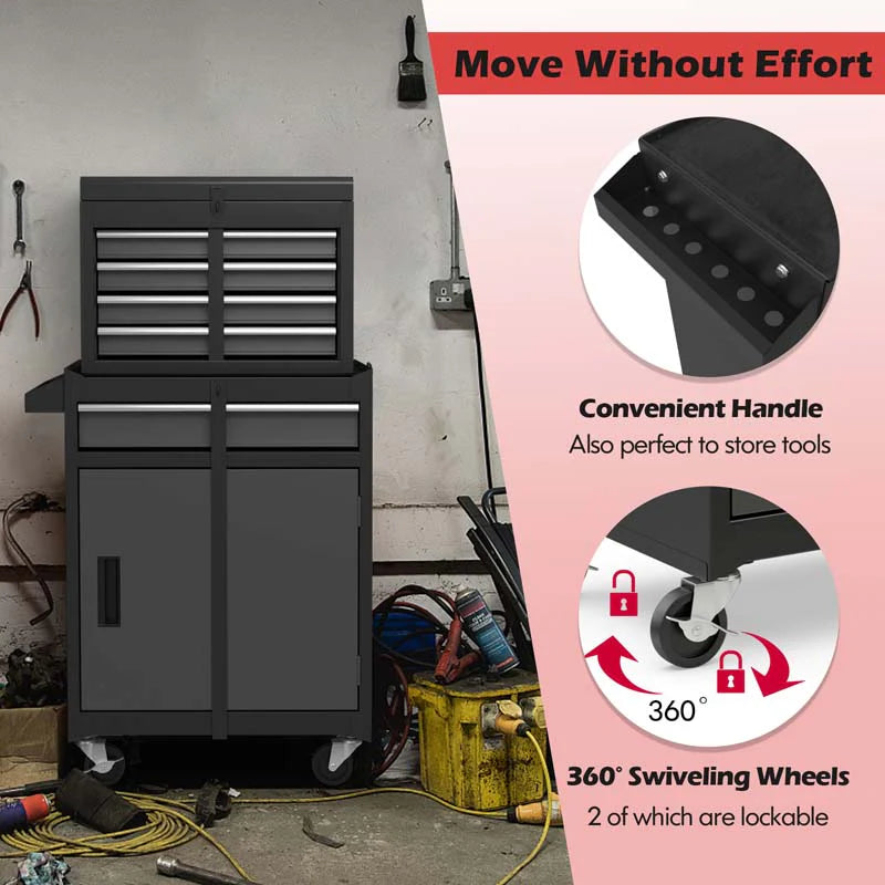 2 - in - 1 Rolling Tool Chest, 5-Drawer Tool Storage Cabinet with Wheels, Adjustable Shelf, Tool Box Organizer for Garage Warehouse Workshop