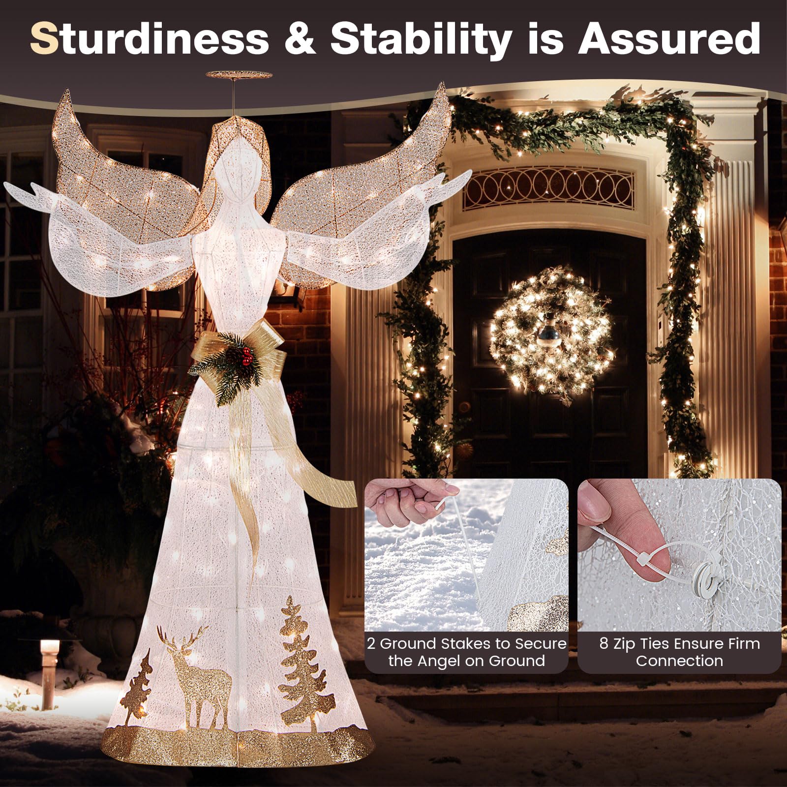 Tangkula 5 FT Lighted Christmas Angel, Outdoor Pre - lit 3D Glittered Angel with 100 Warm White Lights