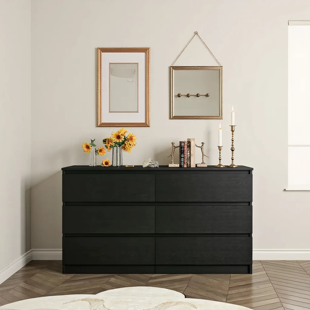Kadyn Modern 6 Drawer Dresser Wood Cabinet, Dresser for Bedroom, Kitchen Storage Cabinet with Drawers, Chest of Drawers(Black)