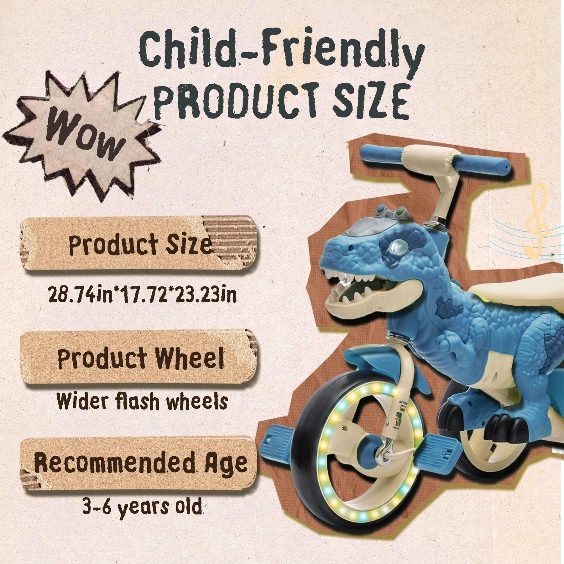 Xuanlur Kids Ride on Dinosaur Tricycle, Toddlers Kid Trike with Wide Flash Wheels, Anti - Slip Pedals, Rear Basket, Music & LED Lights, Toddler Bike