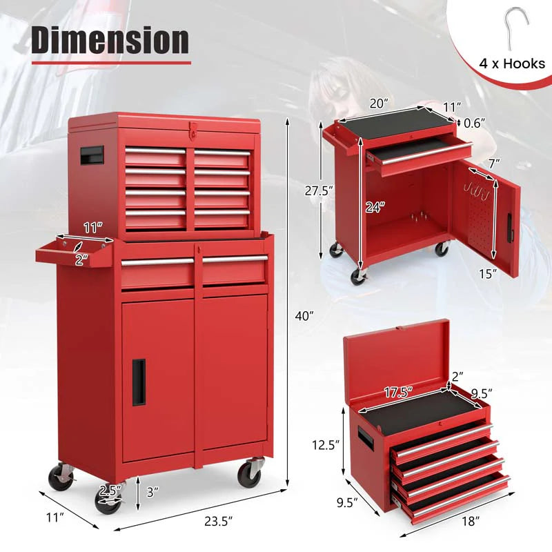 2 - in - 1 Rolling Tool Chest, 5-Drawer Tool Storage Cabinet with Wheels, Adjustable Shelf, Tool Box Organizer for Garage Warehouse Workshop